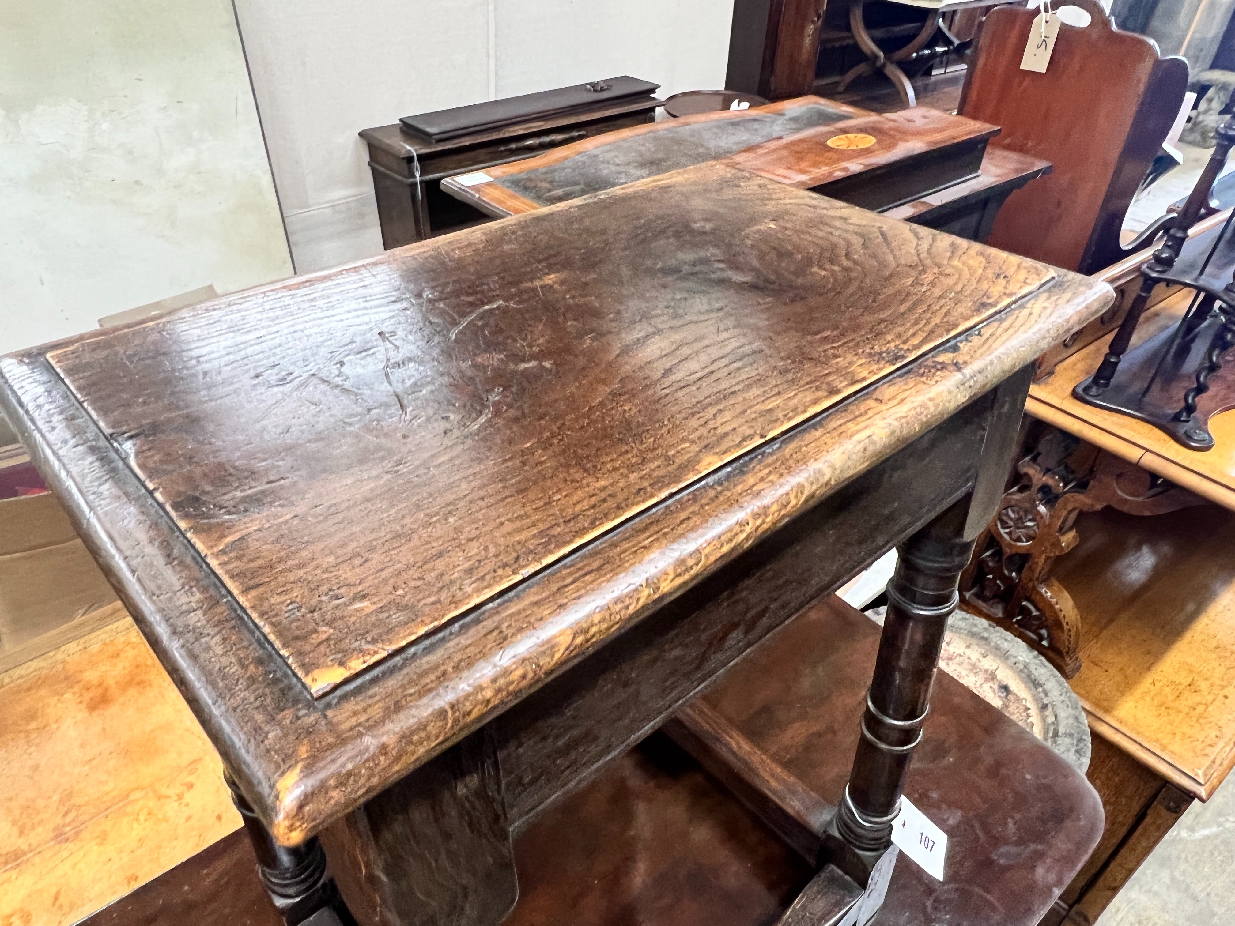 A 17th century style oak joint stool, width 44cm, depth 26cm, height 54cm